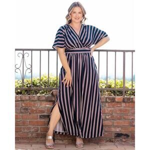 Kiyonna Dress Maxi 2X Red White Blue Vienna Style Flutter Sleeves Patriotic USA